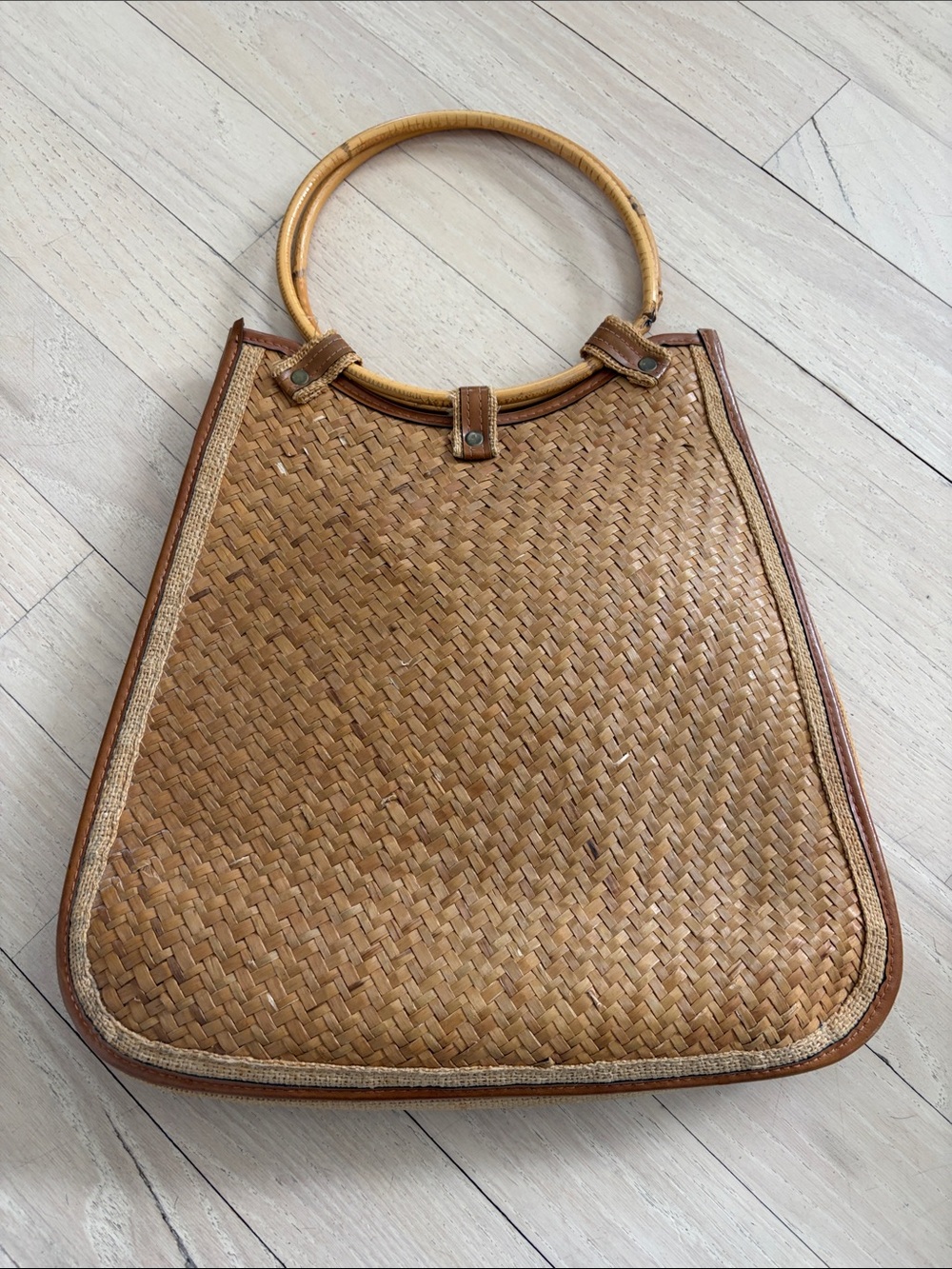Vintage Woven Straw/rattan Tote Bag with Bamboo Handles - Natural